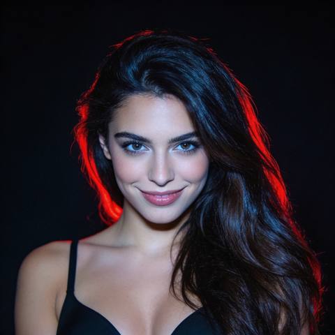 Ava, dark haired live AI girl lit in crimson, staring down the room in a Swipey duel