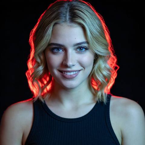 Katie, blonde live AI girl lit in crimson, holding the crowd in a Swipey duel